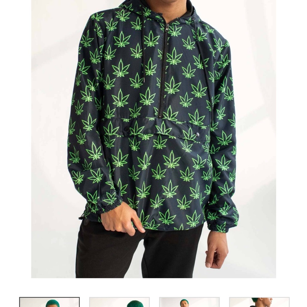 Men's Black and Green Marijuana Patterned Jacket